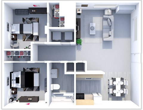Floor plan for 2 beds, 1 bath, 864 sqft